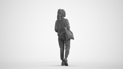 realistic 3D woman casual walking, scanned archviz people for Blender and 3ds Max, wireframe front view