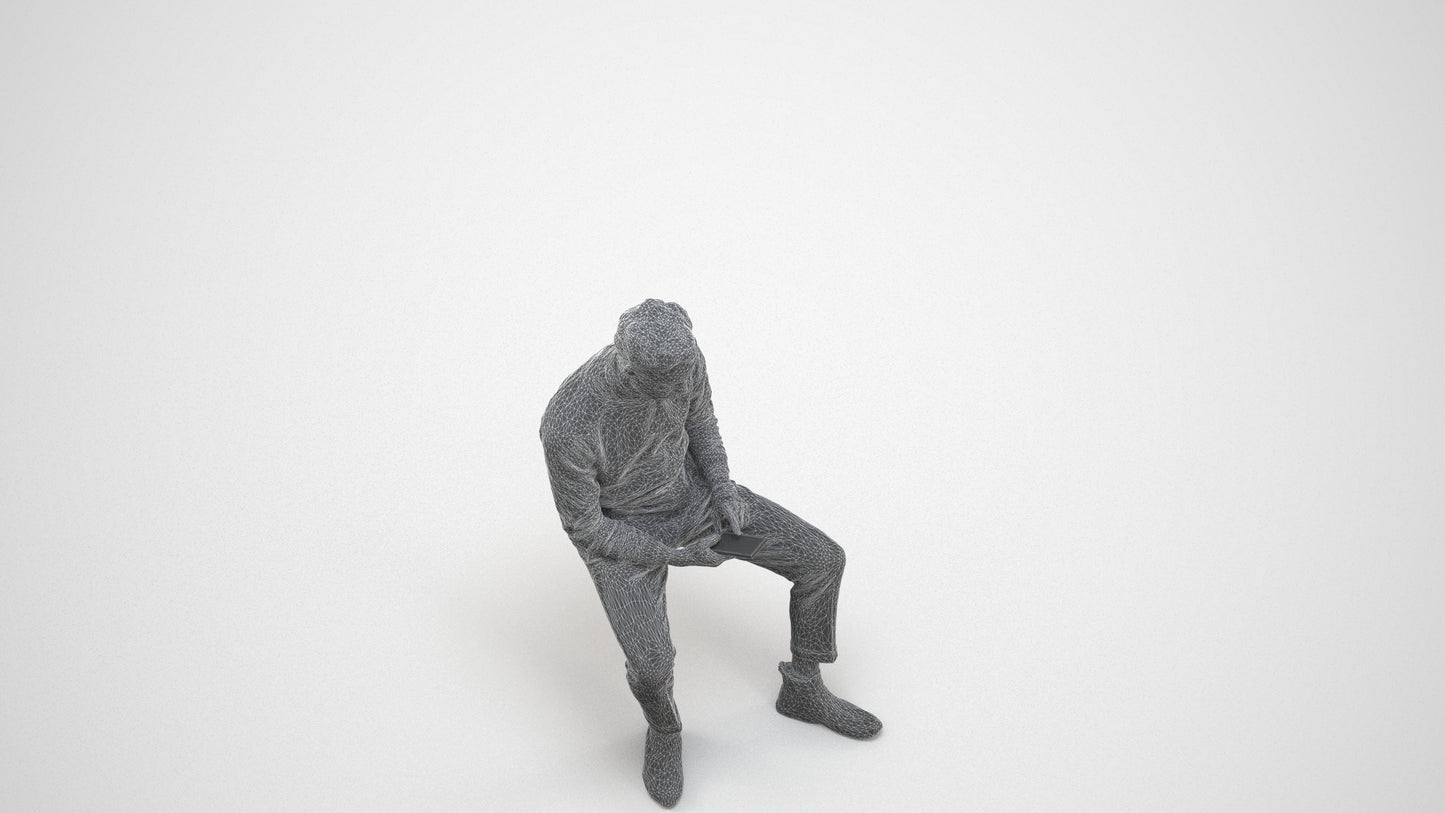 3D people model man casual sitting, scanned human for 3ds Max rendering, wireframe three-quarter view