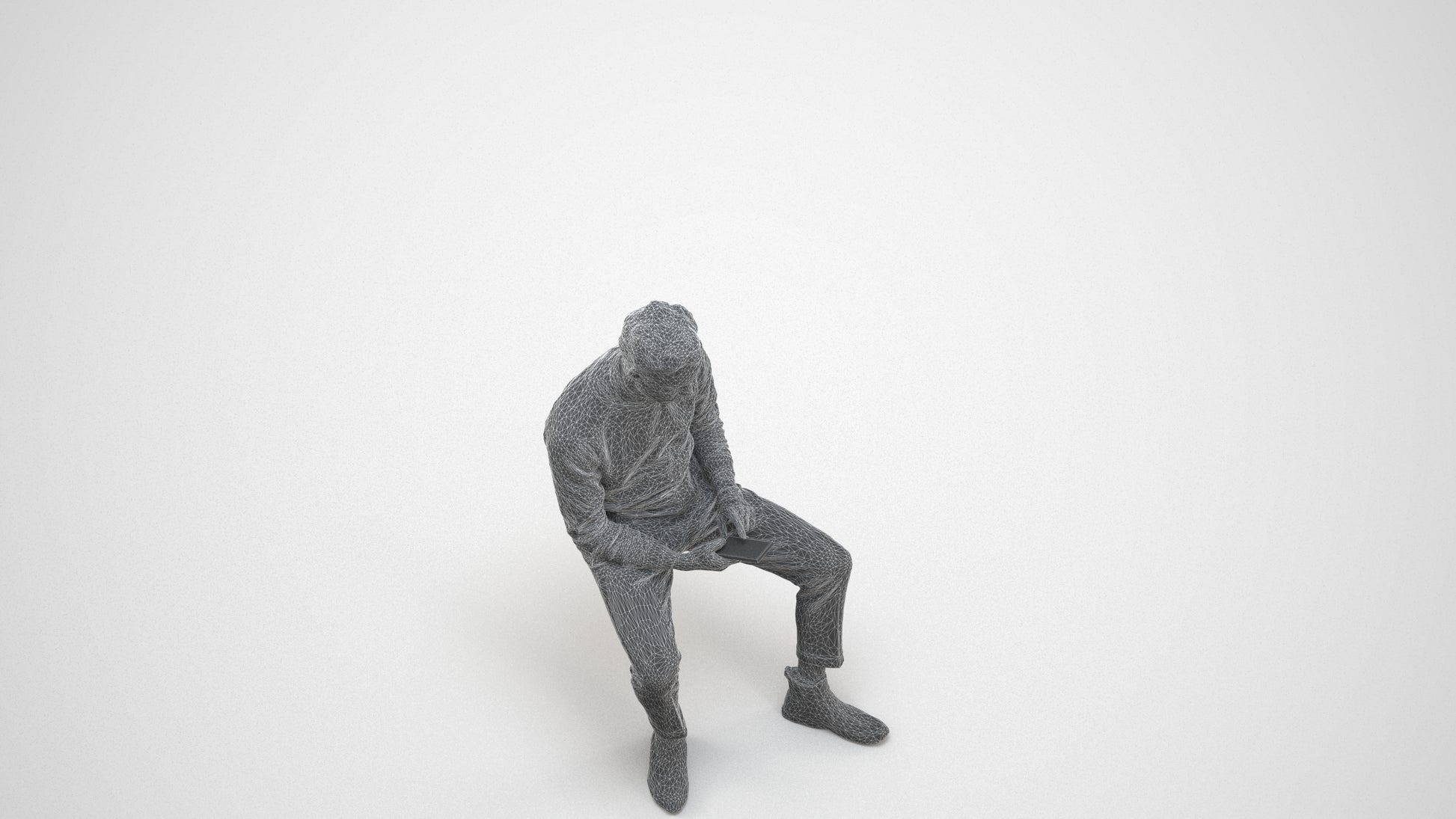 3D people model man casual sitting, scanned human for 3ds Max rendering, wireframe three-quarter view