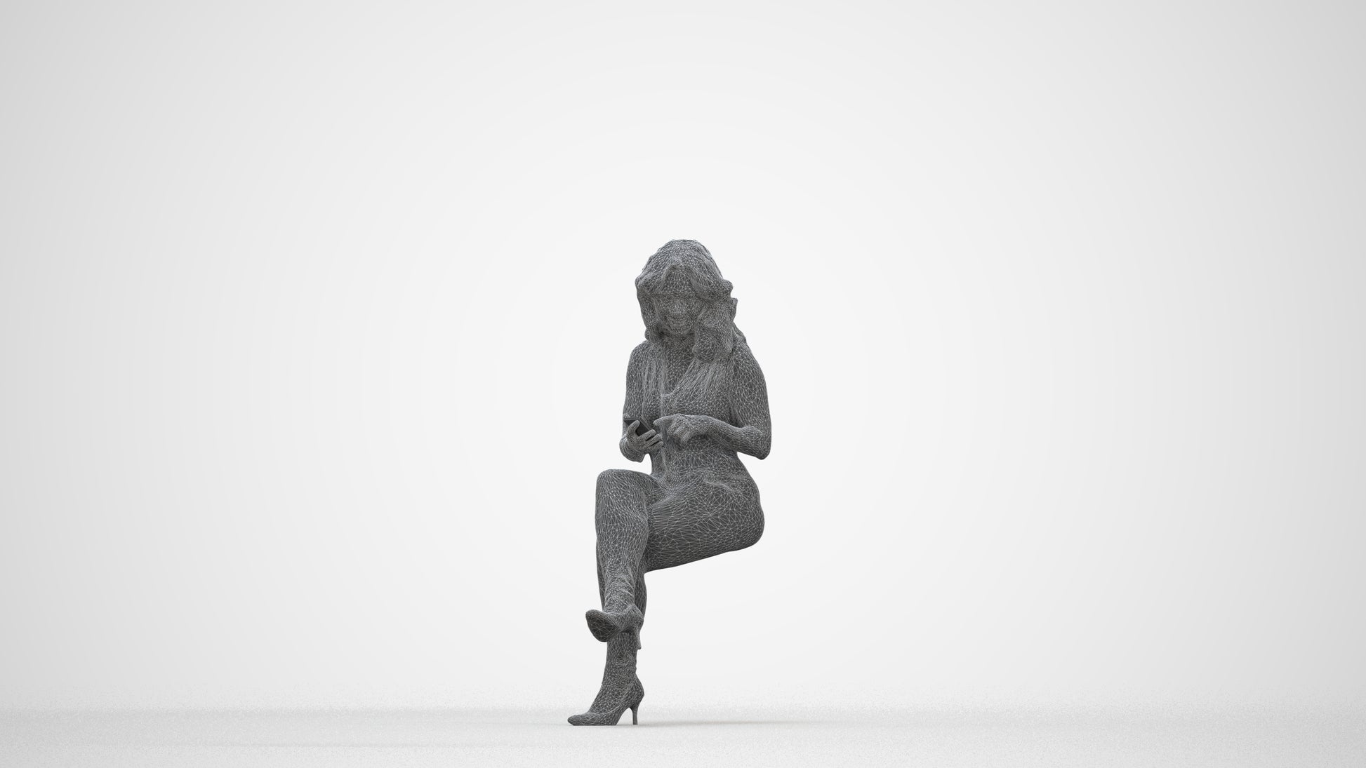 photogrammetry 3D woman casual sitting, realistic human model archviz FBX, wireframe back view