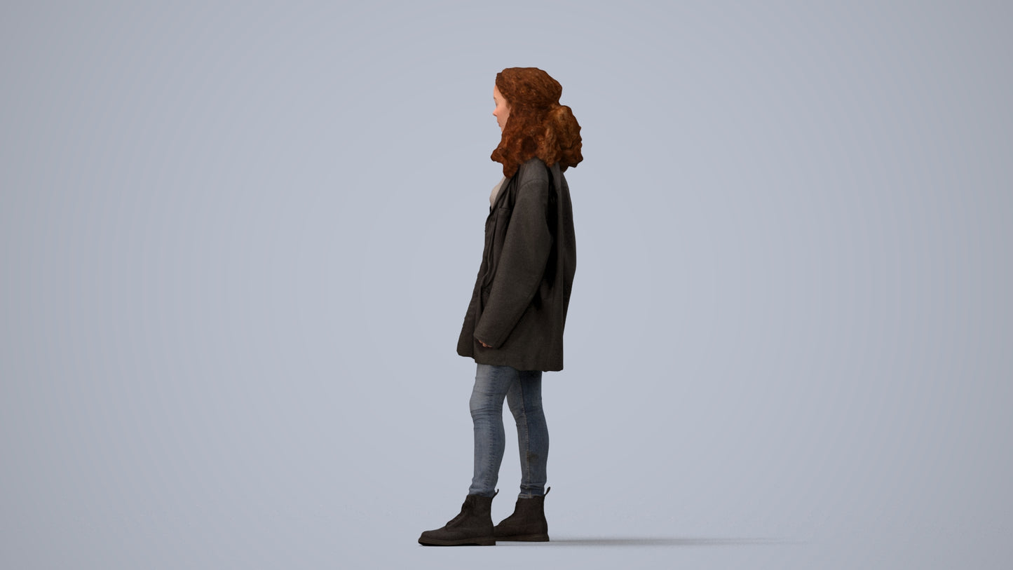realistic 3D human woman casual standing, archviz people FBX OBJ for Blender, three-quarter view render