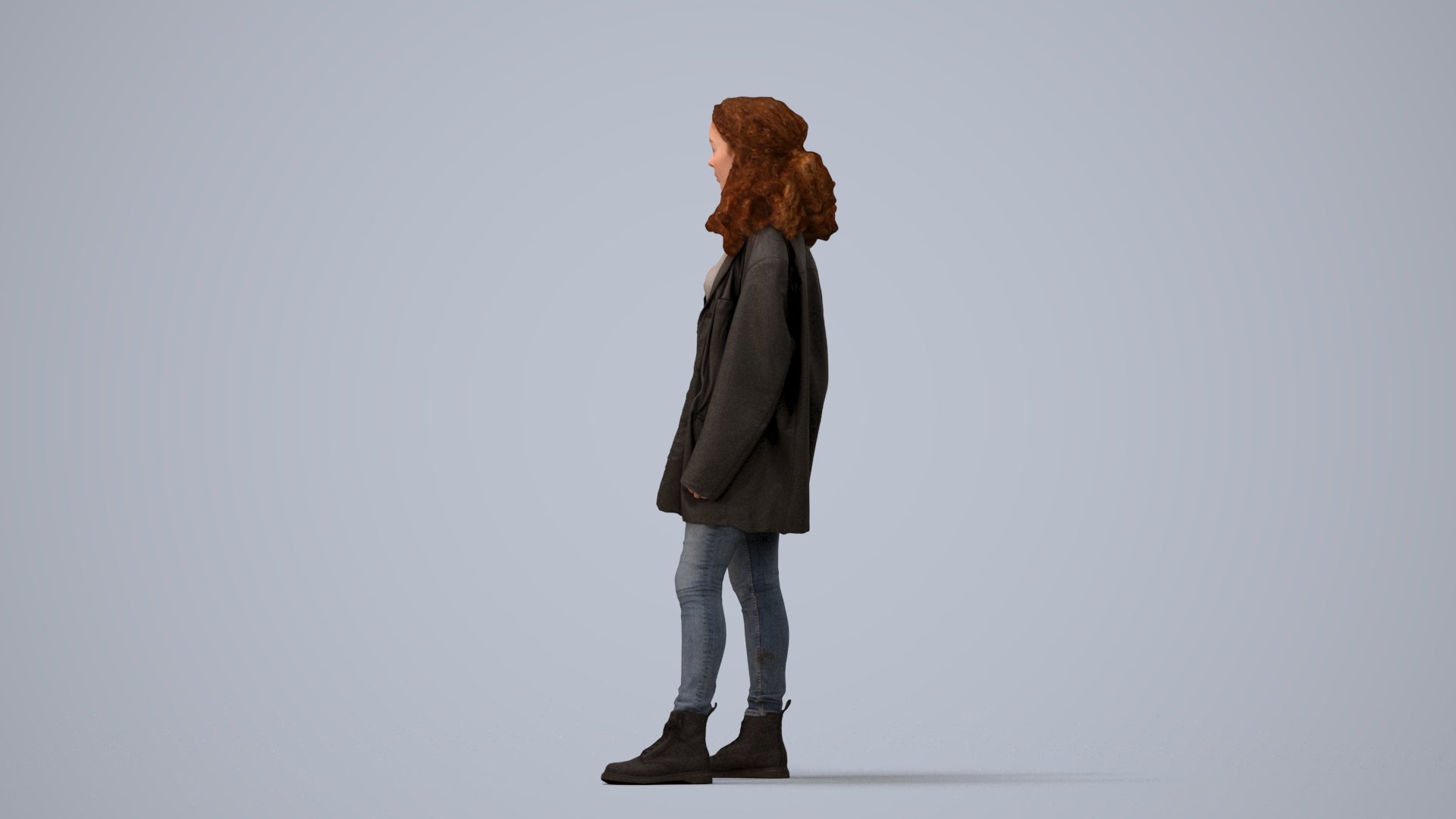 realistic 3D human woman casual standing, archviz people FBX OBJ for Blender, three-quarter view render