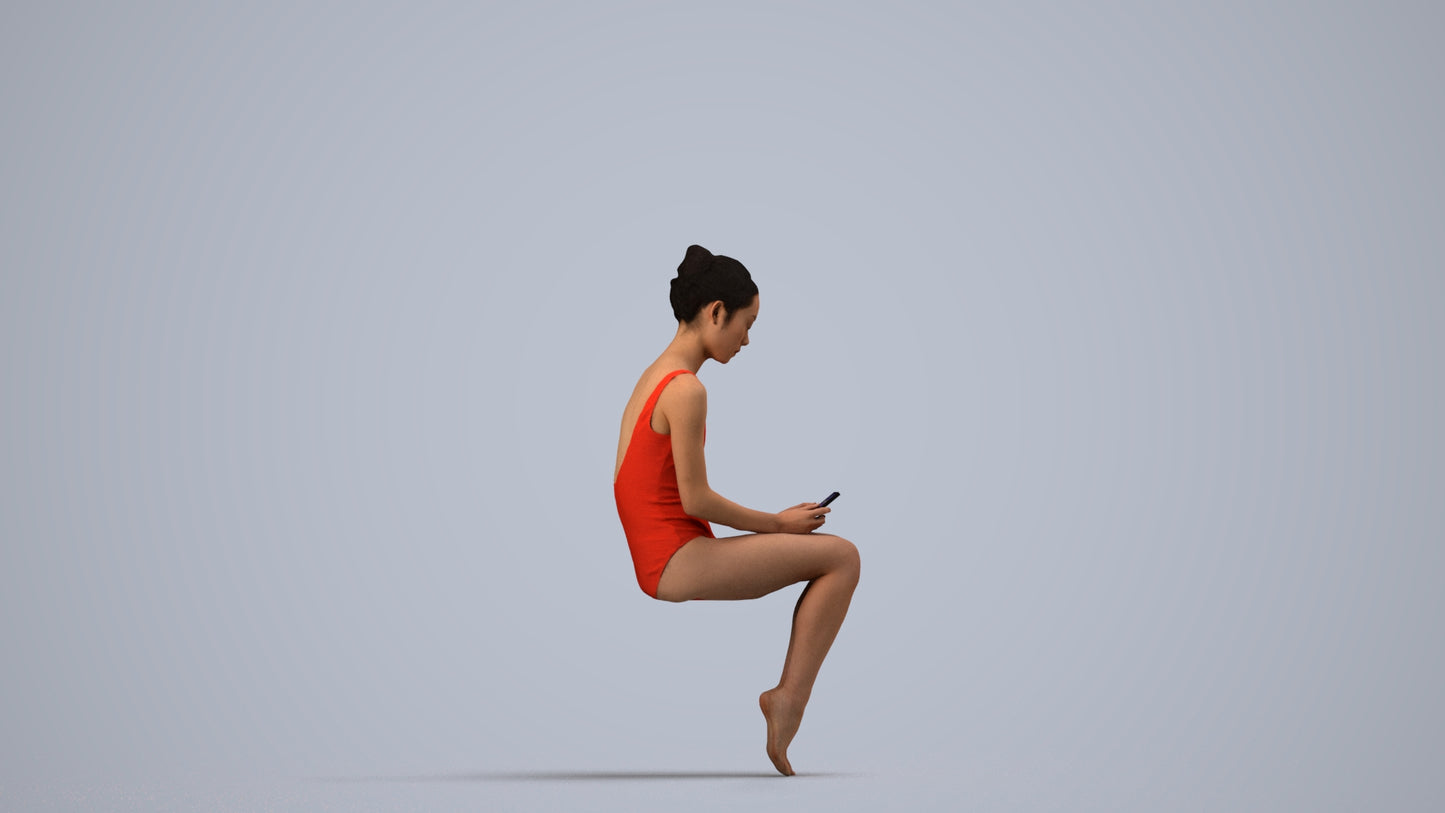 realistic 3D human woman casual pool, archviz people FBX OBJ for Blender, side view render