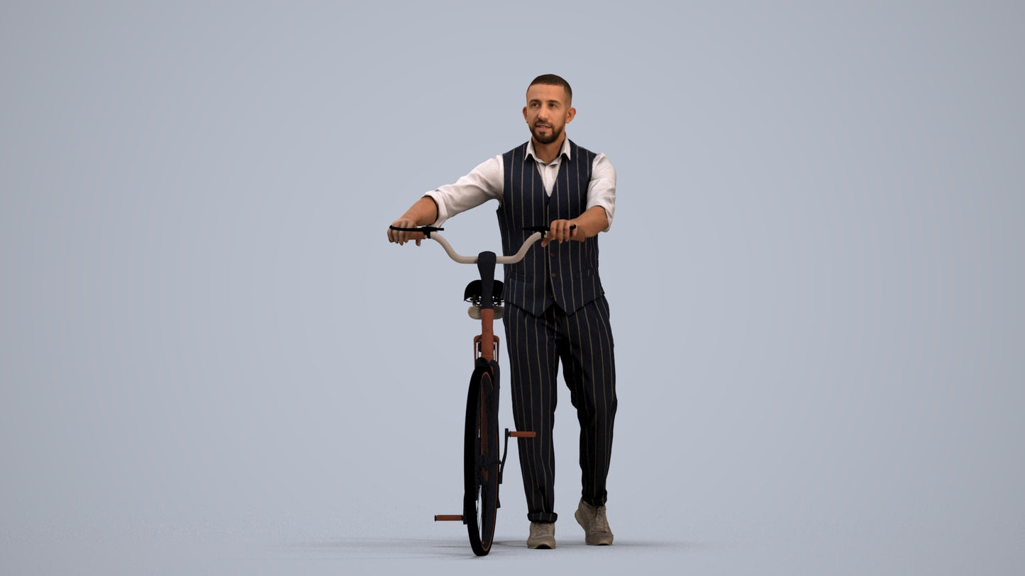 3D human model man business cycling, photogrammetry scanned person for archviz, standing pose render