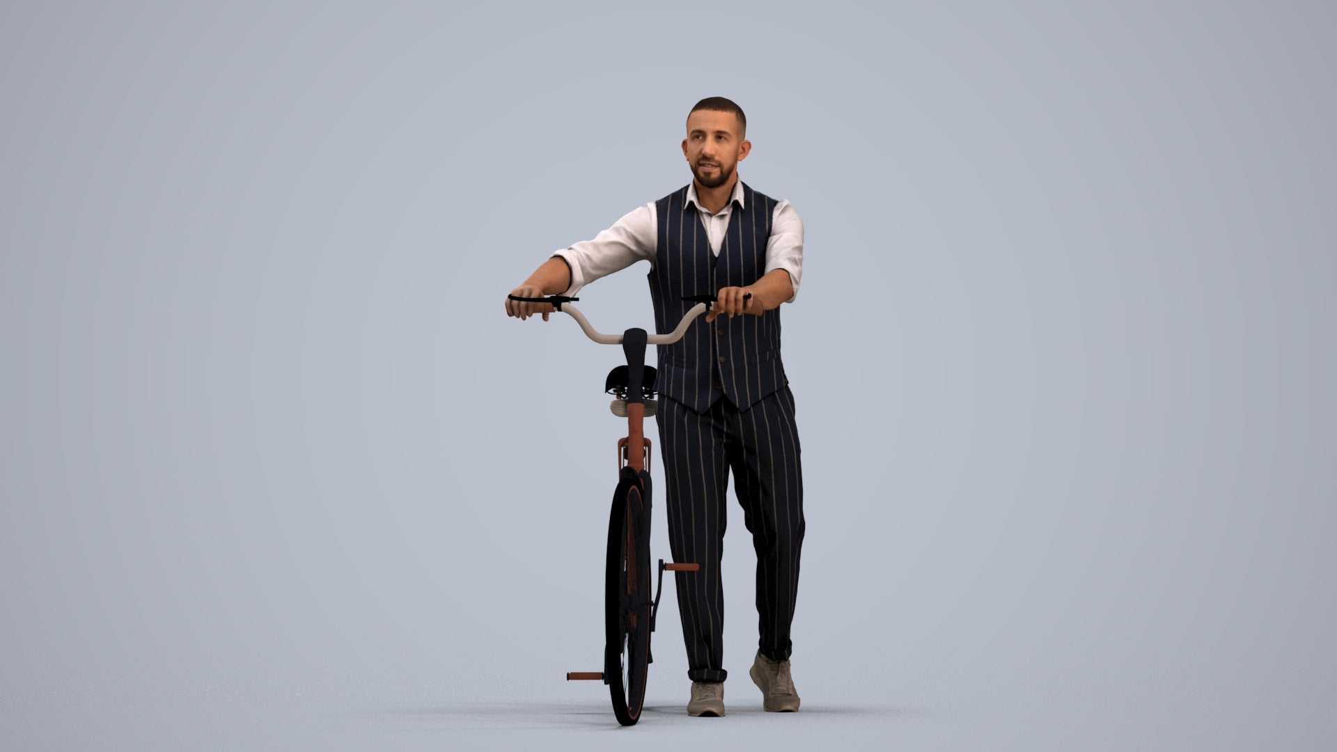 3D human model man business cycling, photogrammetry scanned person for archviz, standing pose render