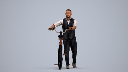 3D human model man business cycling, photogrammetry scanned person for archviz, standing pose render