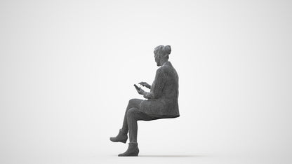 3D human model woman business sitting, photogrammetry scanned person for archviz, square thumbnail