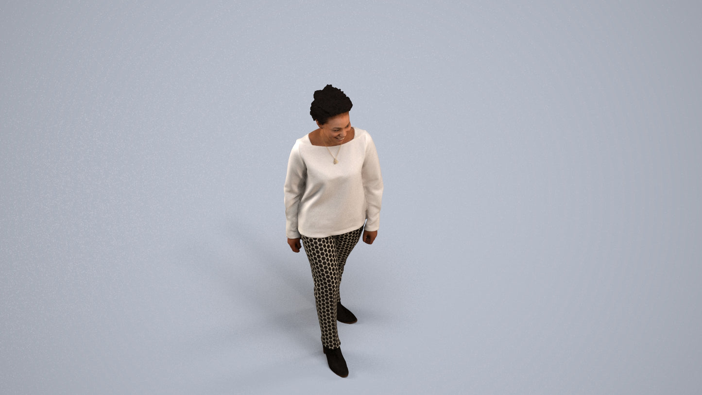 realistic 3D human woman casual walking, archviz people FBX OBJ for Blender, back view render