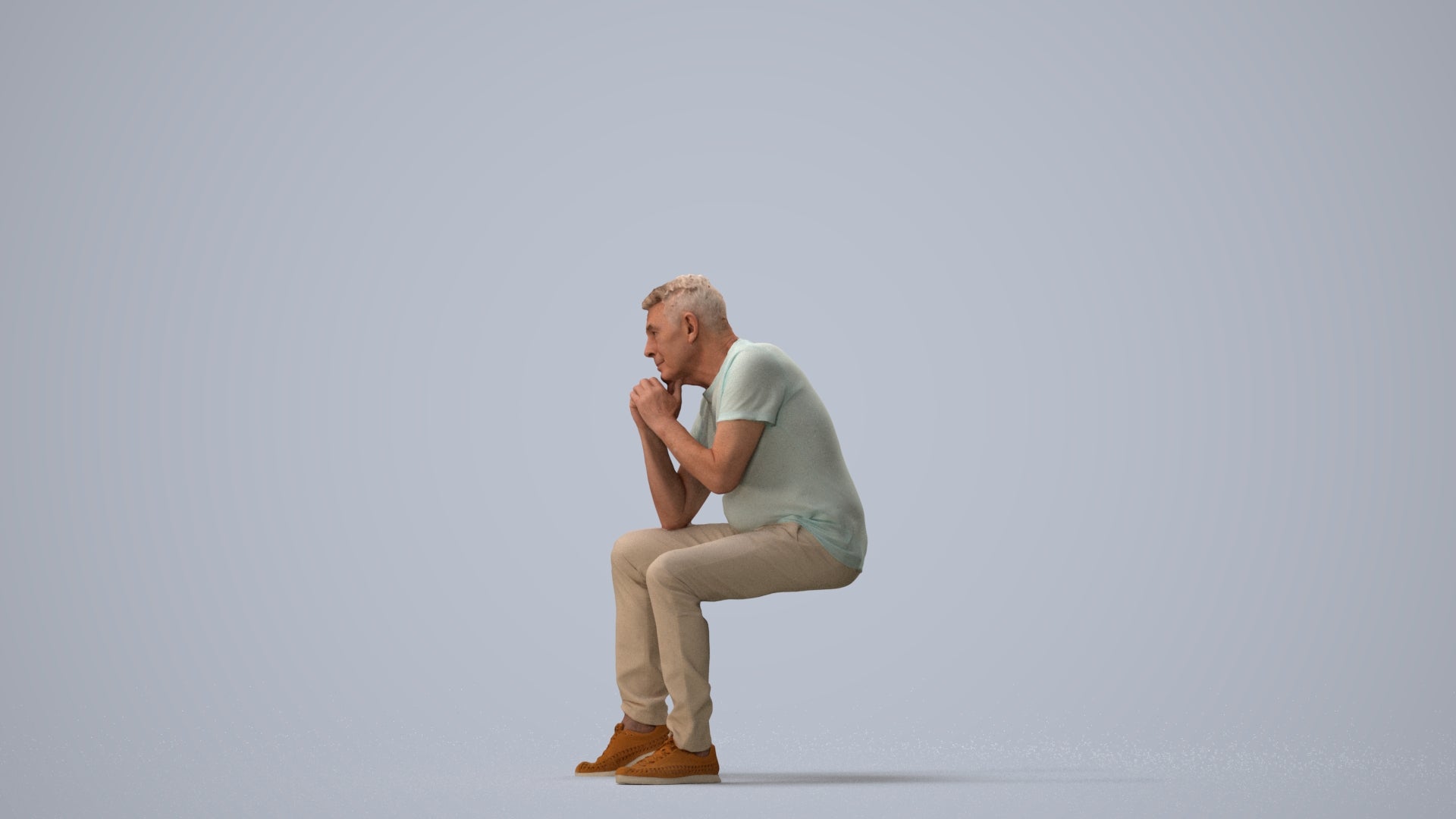 realistic 3D senior man casual sitting, scanned archviz people for Blender and 3ds Max, three-quarter view render