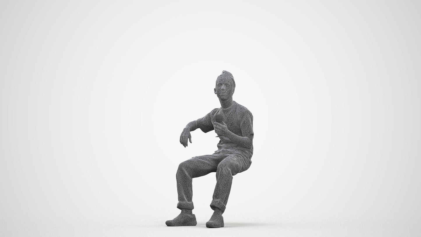 3D human model man casual sitting, photogrammetry scanned person for archviz, three-quarter front view render