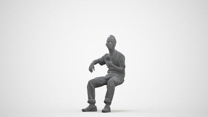 3D human model man casual sitting, photogrammetry scanned person for archviz, three-quarter front view render