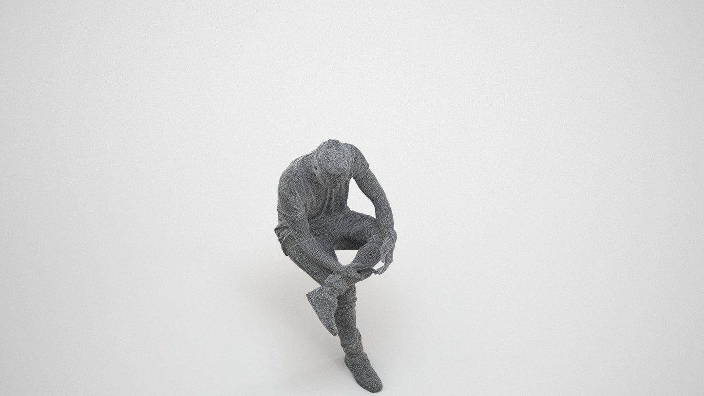 3D scanned man sitting casual, photorealistic archviz people for Enscape and SketchUp, wireframe three-quarter view