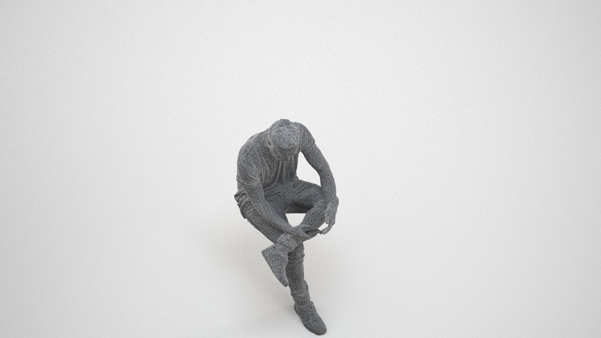 3D scanned man sitting casual, photorealistic archviz people for Enscape and SketchUp, wireframe three-quarter view
