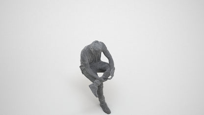 3D scanned man sitting casual, photorealistic archviz people for Enscape and SketchUp, wireframe three-quarter view