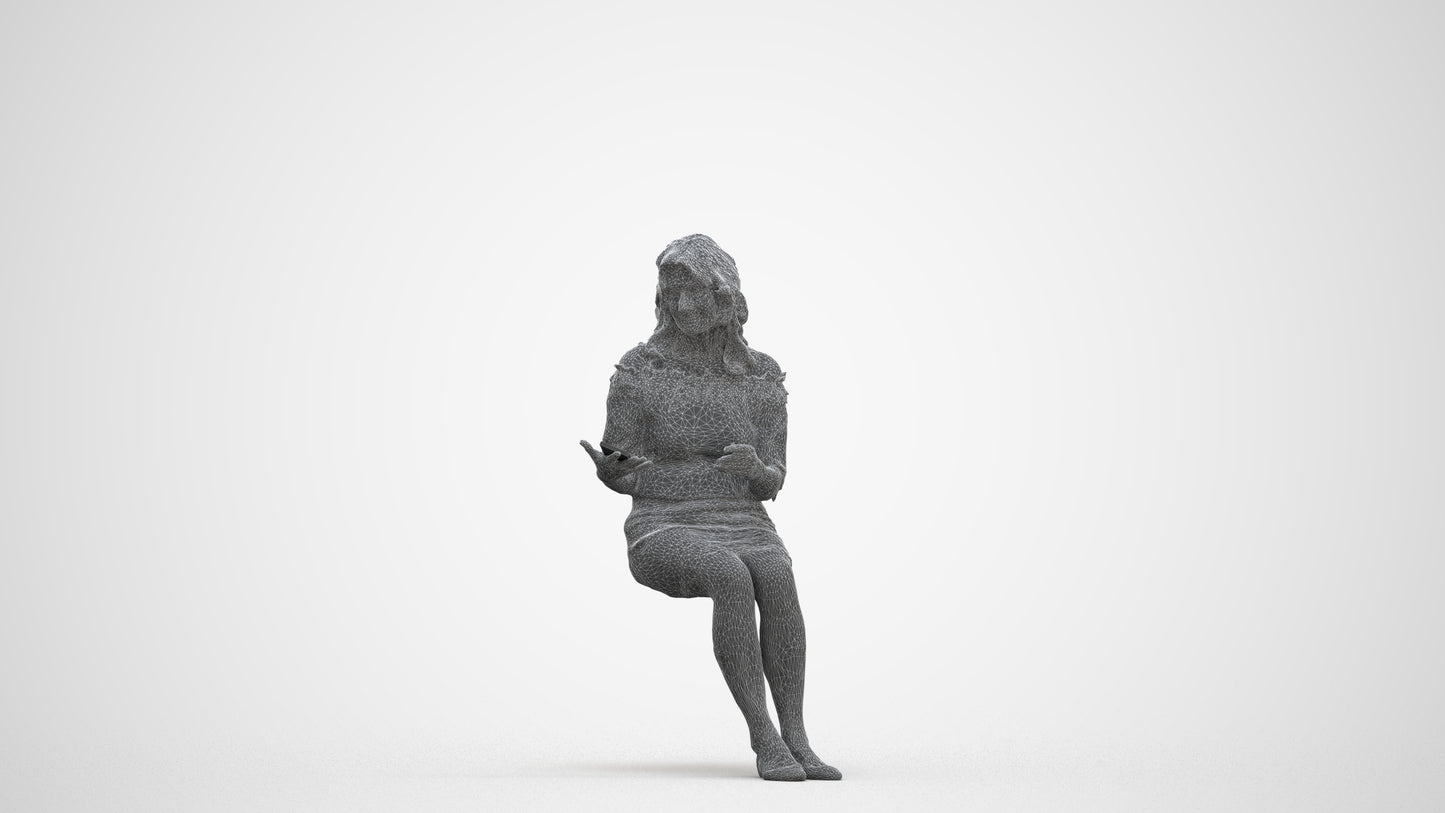 photogrammetry 3D senior woman casual sitting, realistic human model archviz FBX, three-quarter front view render