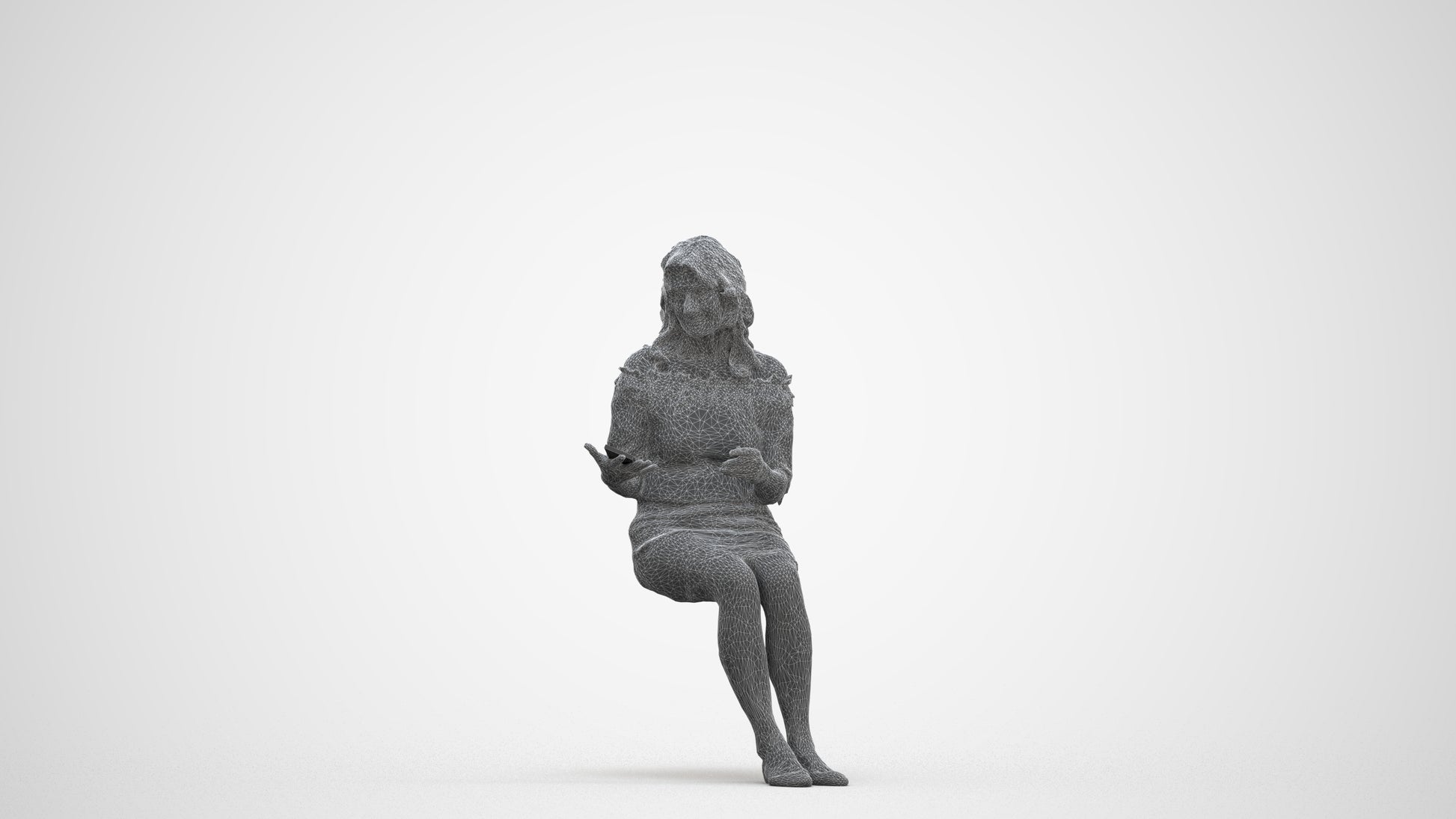 photogrammetry 3D senior woman casual sitting, realistic human model archviz FBX, three-quarter front view render