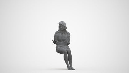 photogrammetry 3D senior woman casual sitting, realistic human model archviz FBX, three-quarter front view render