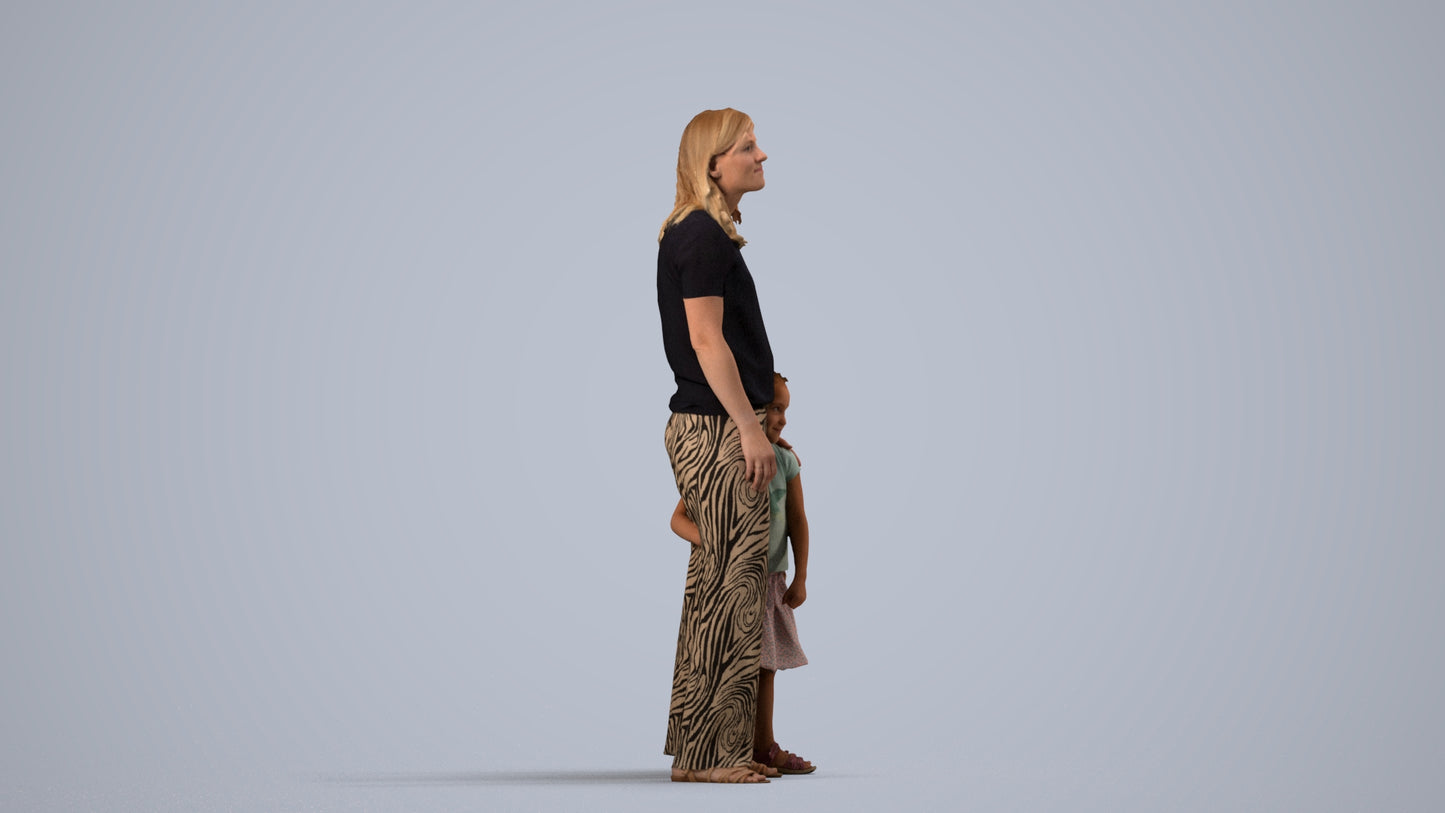 3D human model girl casual kids, photogrammetry scanned person for archviz, side view render