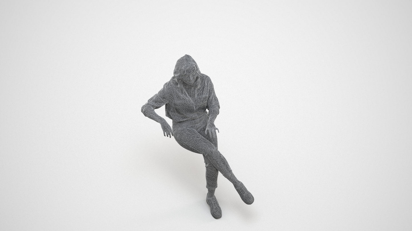 realistic 3D human woman casual sitting, archviz people FBX OBJ for Blender, wireframe three-quarter view