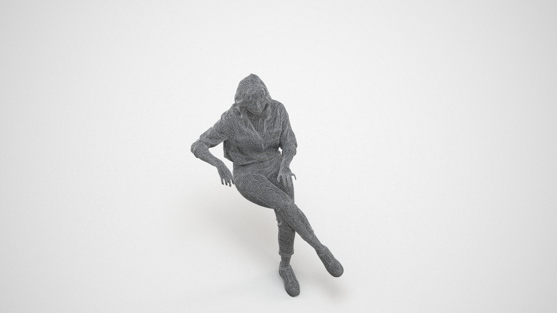 realistic 3D human woman casual sitting, archviz people FBX OBJ for Blender, wireframe three-quarter view