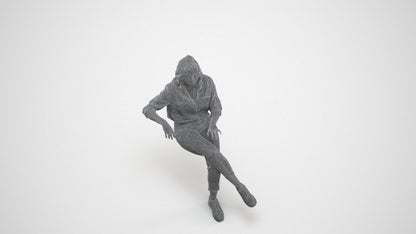 realistic 3D human woman casual sitting, archviz people FBX OBJ for Blender, wireframe three-quarter view