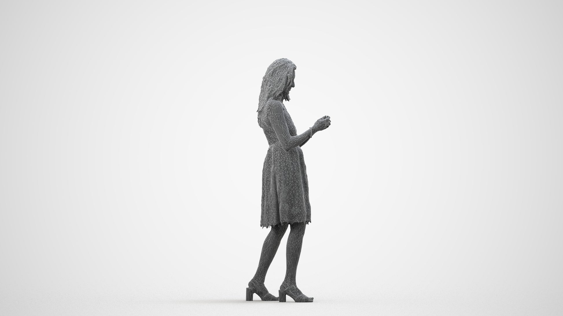 3D people model woman formal standing, scanned human for 3ds Max rendering, wireframe side view