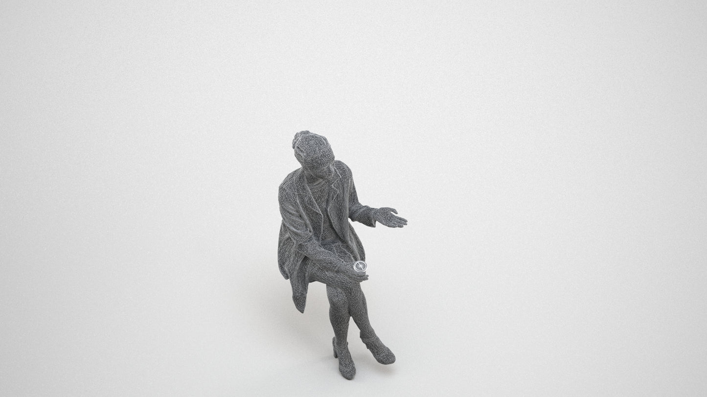 realistic 3D woman business sitting, scanned archviz people for Blender and 3ds Max, wireframe three-quarter view