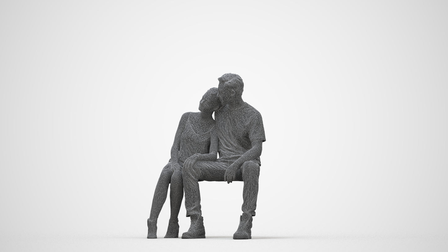 3D scanned man couple casual, photorealistic archviz people for Enscape and SketchUp, wireframe back view