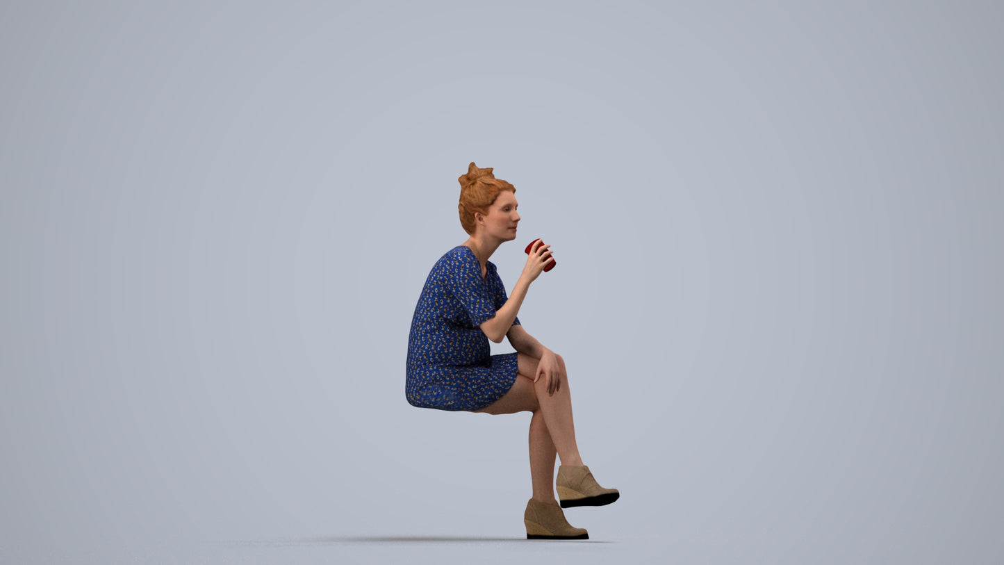 scanned 3D woman casual sitting, photogrammetry people for Enscape and V-Ray, side view render