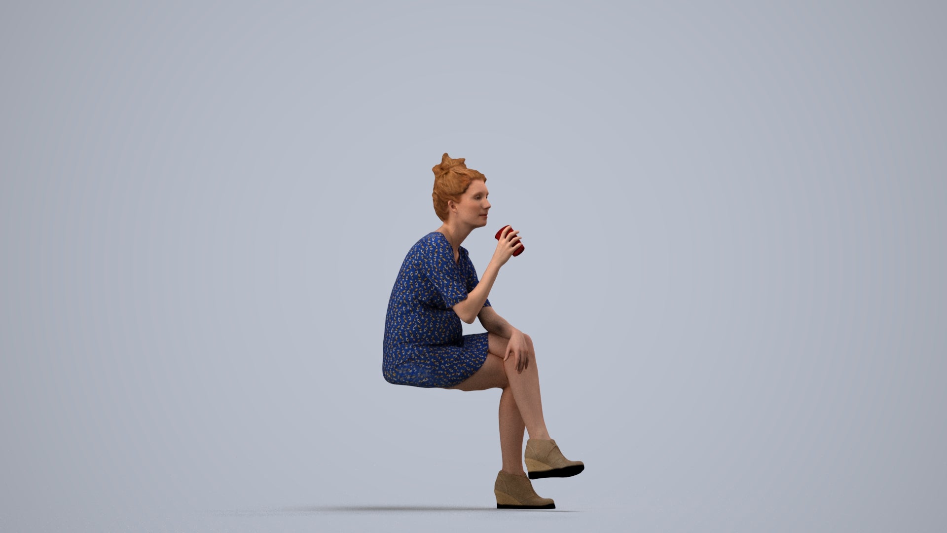 scanned 3D woman casual sitting, photogrammetry people for Enscape and V-Ray, side view render