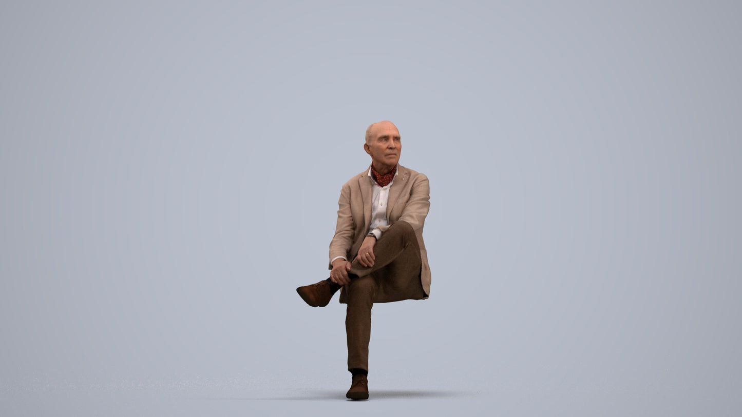 scanned 3D senior man business sitting, photogrammetry people for Enscape and V-Ray, standing pose render