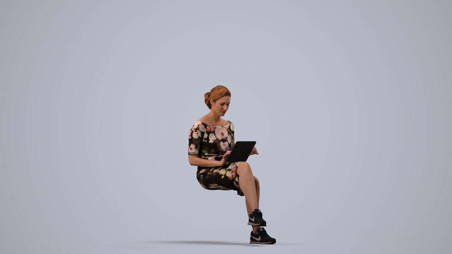 3D people model woman casual sitting, scanned human for 3ds Max rendering, side view render