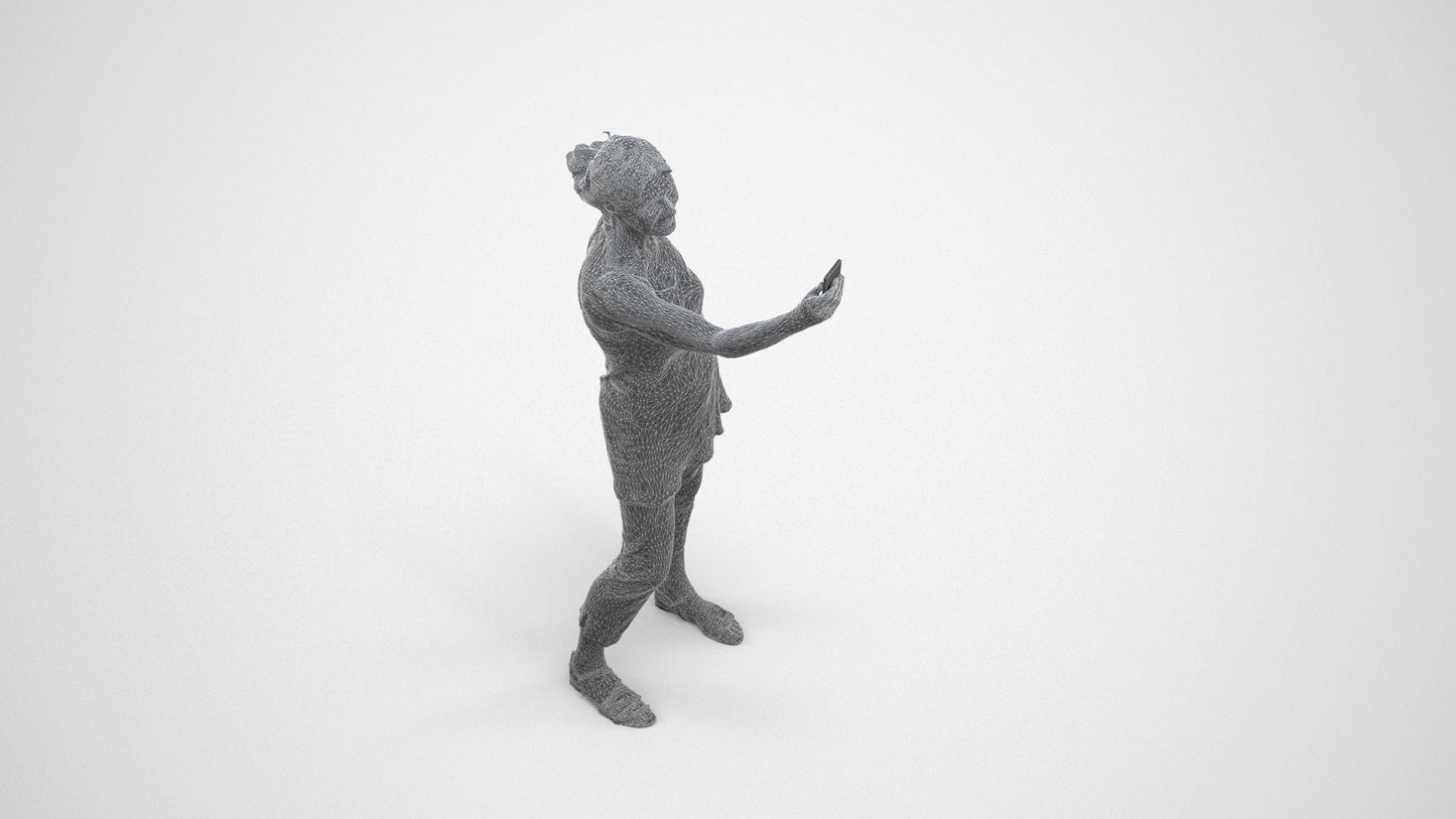 3D human model senior woman casual standing, photogrammetry scanned person for archviz, wireframe three-quarter view