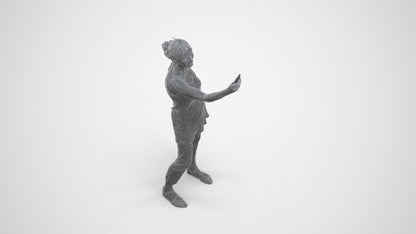 3D human model senior woman casual standing, photogrammetry scanned person for archviz, wireframe three-quarter view