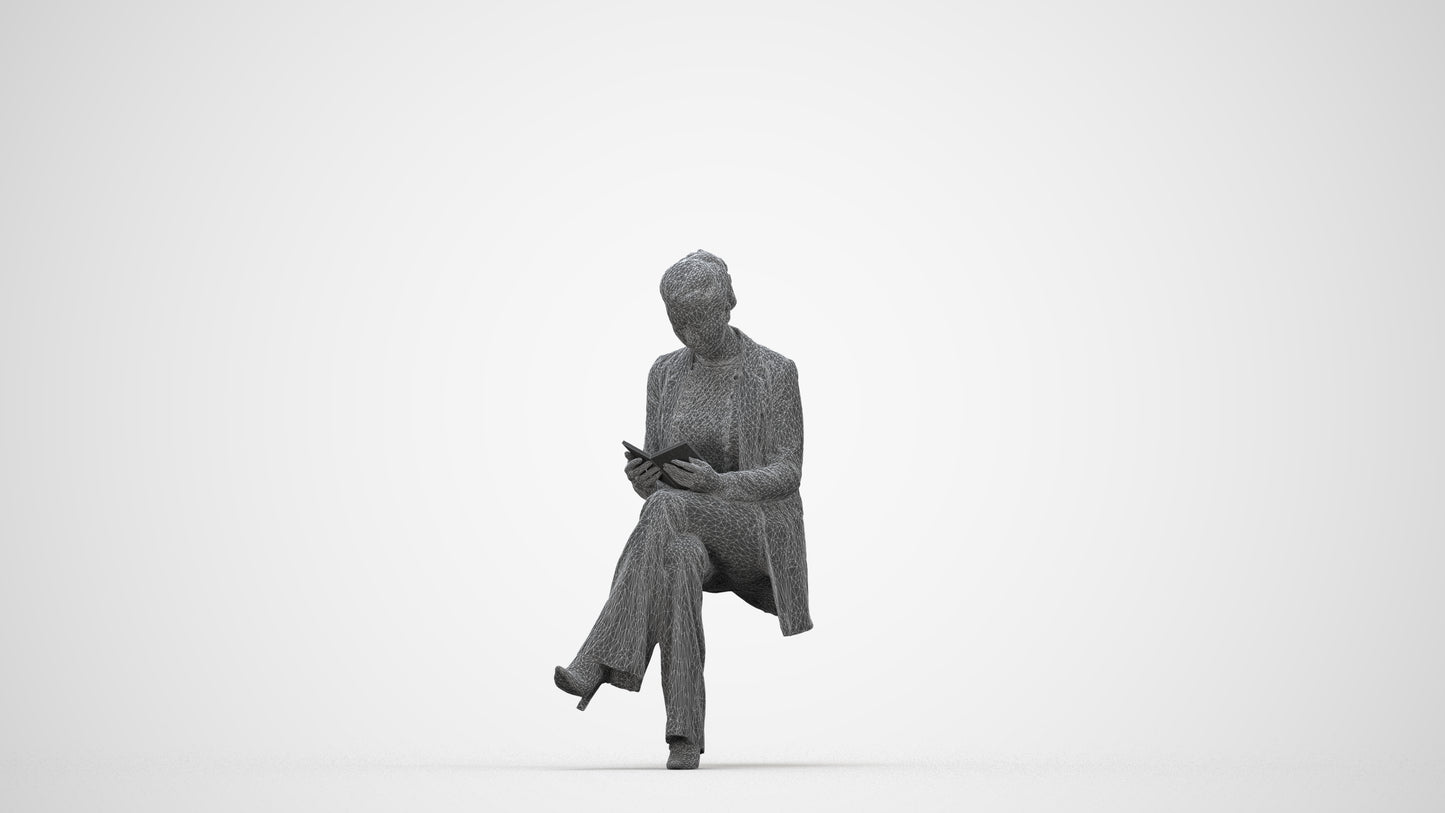 realistic 3D woman business sitting, scanned archviz people for Blender and 3ds Max, wireframe back view
