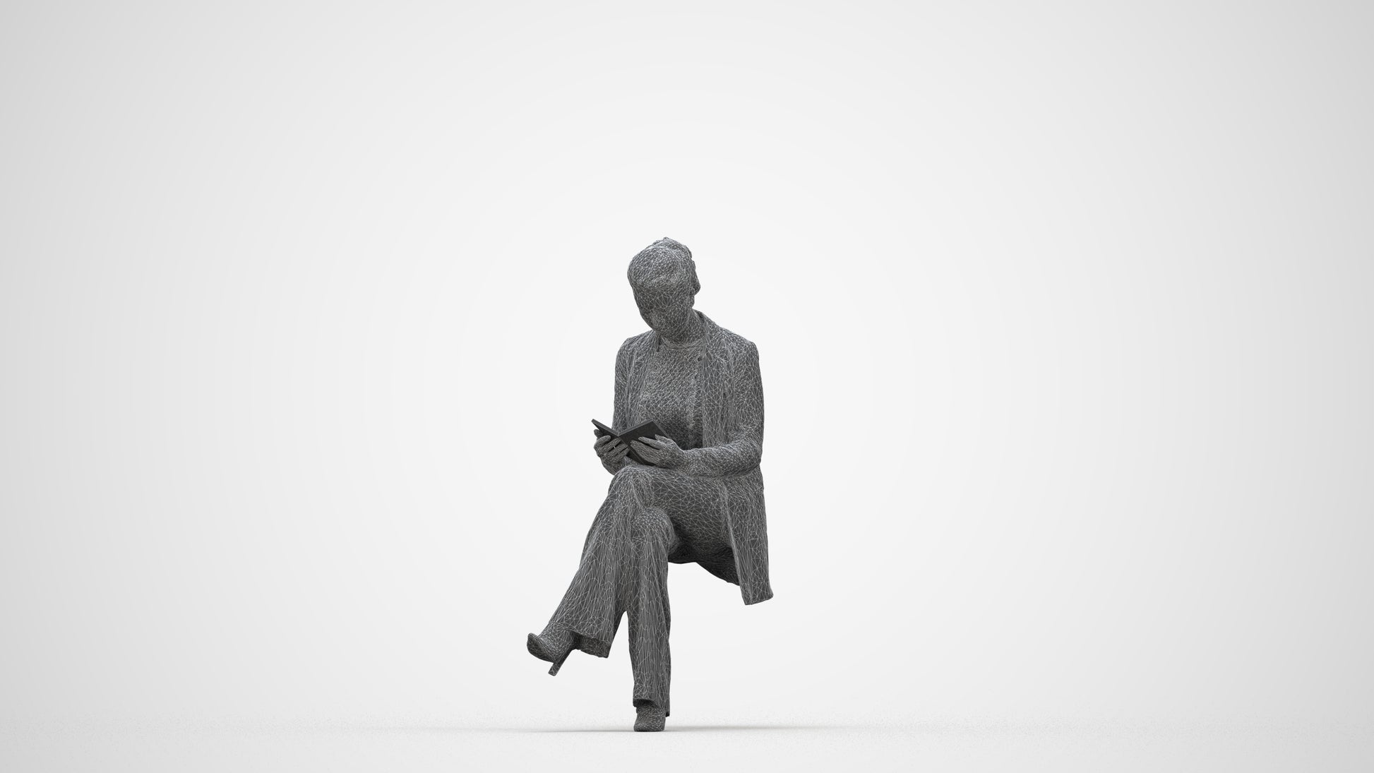 realistic 3D woman business sitting, scanned archviz people for Blender and 3ds Max, wireframe back view