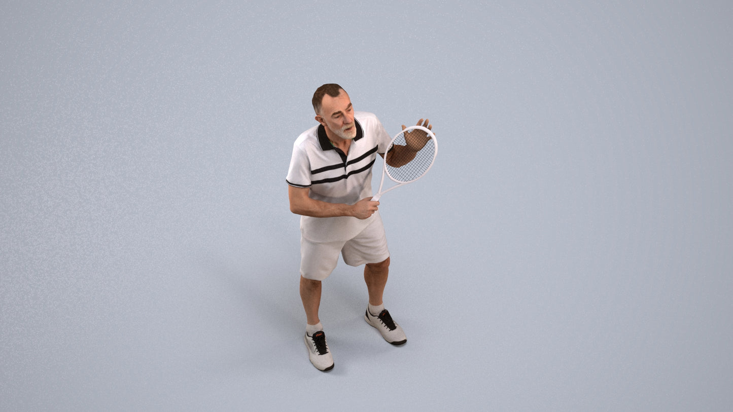 3D human model senior man sport, photogrammetry scanned person for archviz, back view render