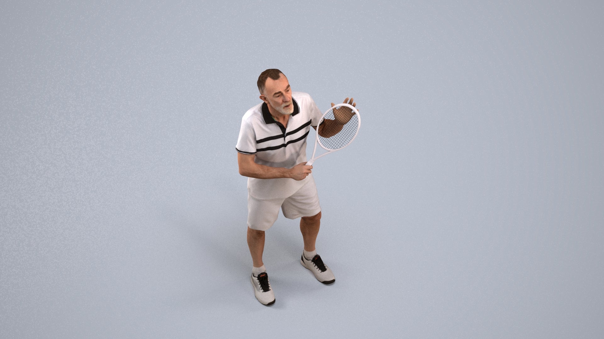 3D human model senior man sport, photogrammetry scanned person for archviz, back view render