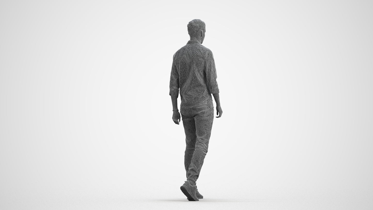 realistic 3D man casual walking, scanned archviz people for Blender and 3ds Max, wireframe front view