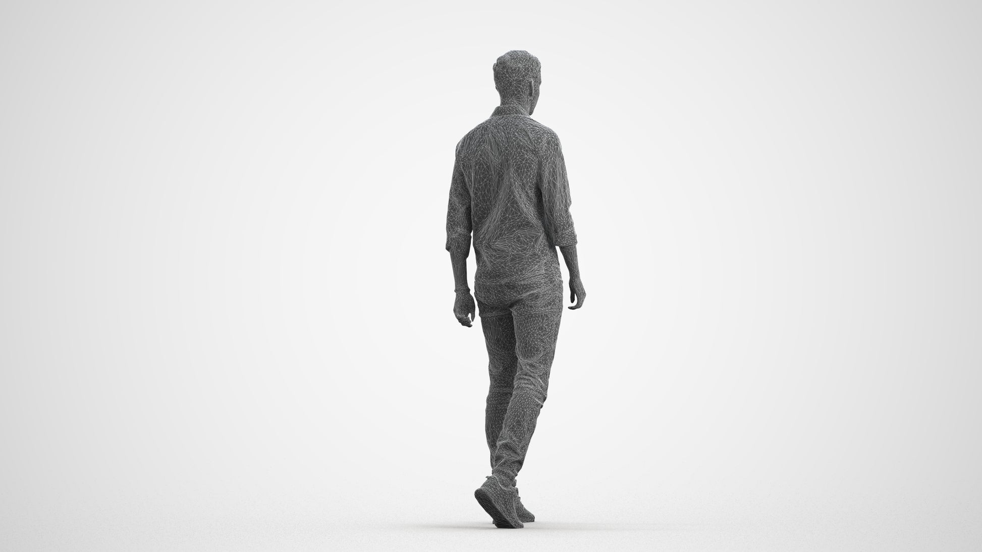 realistic 3D man casual walking, scanned archviz people for Blender and 3ds Max, wireframe front view