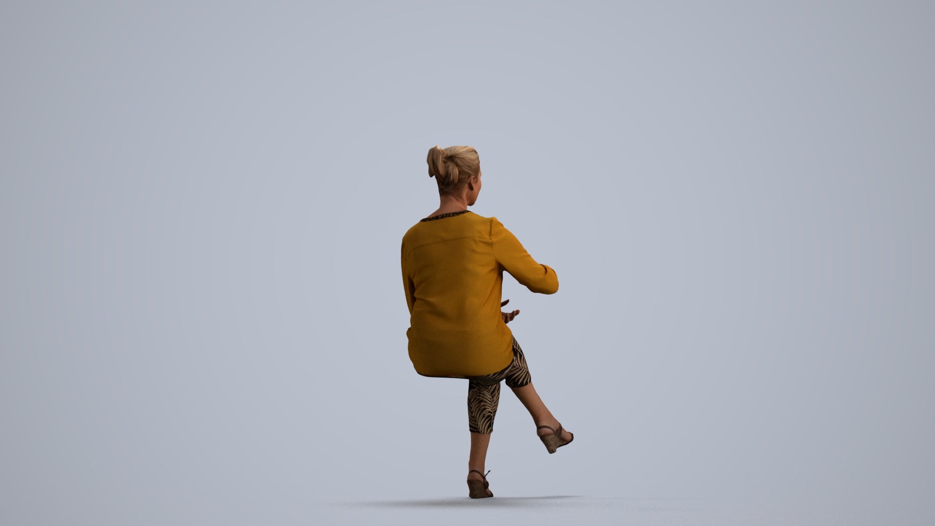 3D human model woman casual sitting, photogrammetry scanned person for archviz, front view render