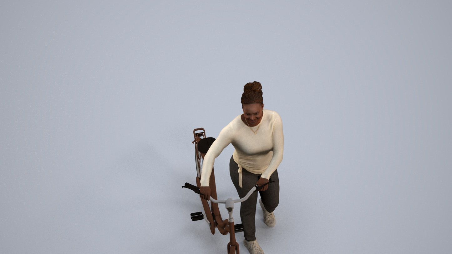 realistic 3D woman casual cycling, scanned archviz people for Blender and 3ds Max, back view render
