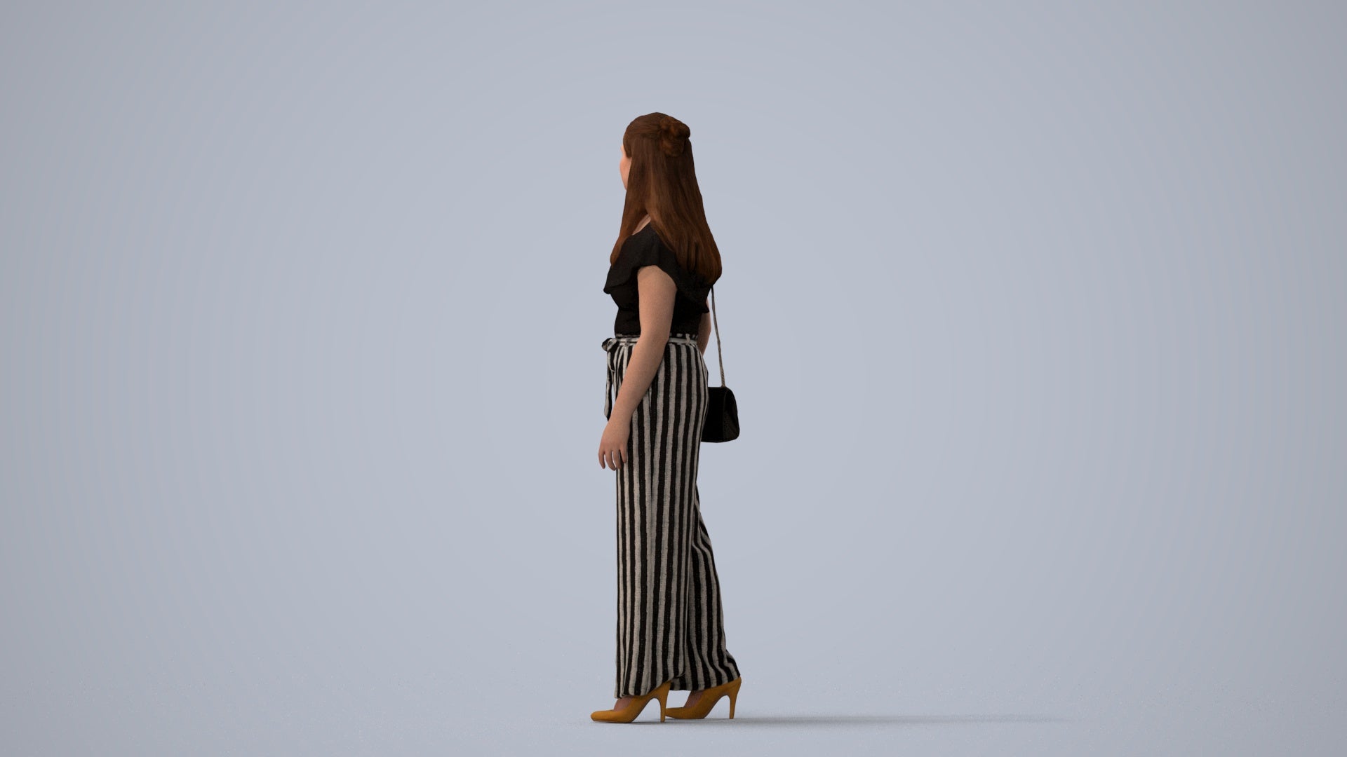 3D people model woman casual walking, scanned human for 3ds Max rendering, three-quarter view render