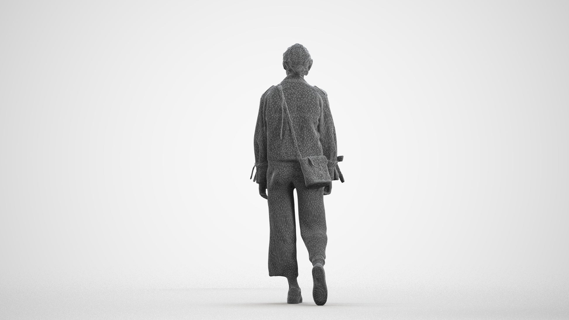 3D human model woman casual walking, photogrammetry scanned person for archviz, wireframe front view