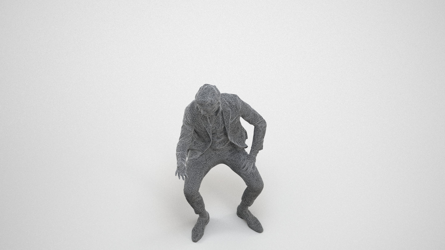 3D human model man business, photogrammetry scanned person for archviz, wireframe three-quarter view