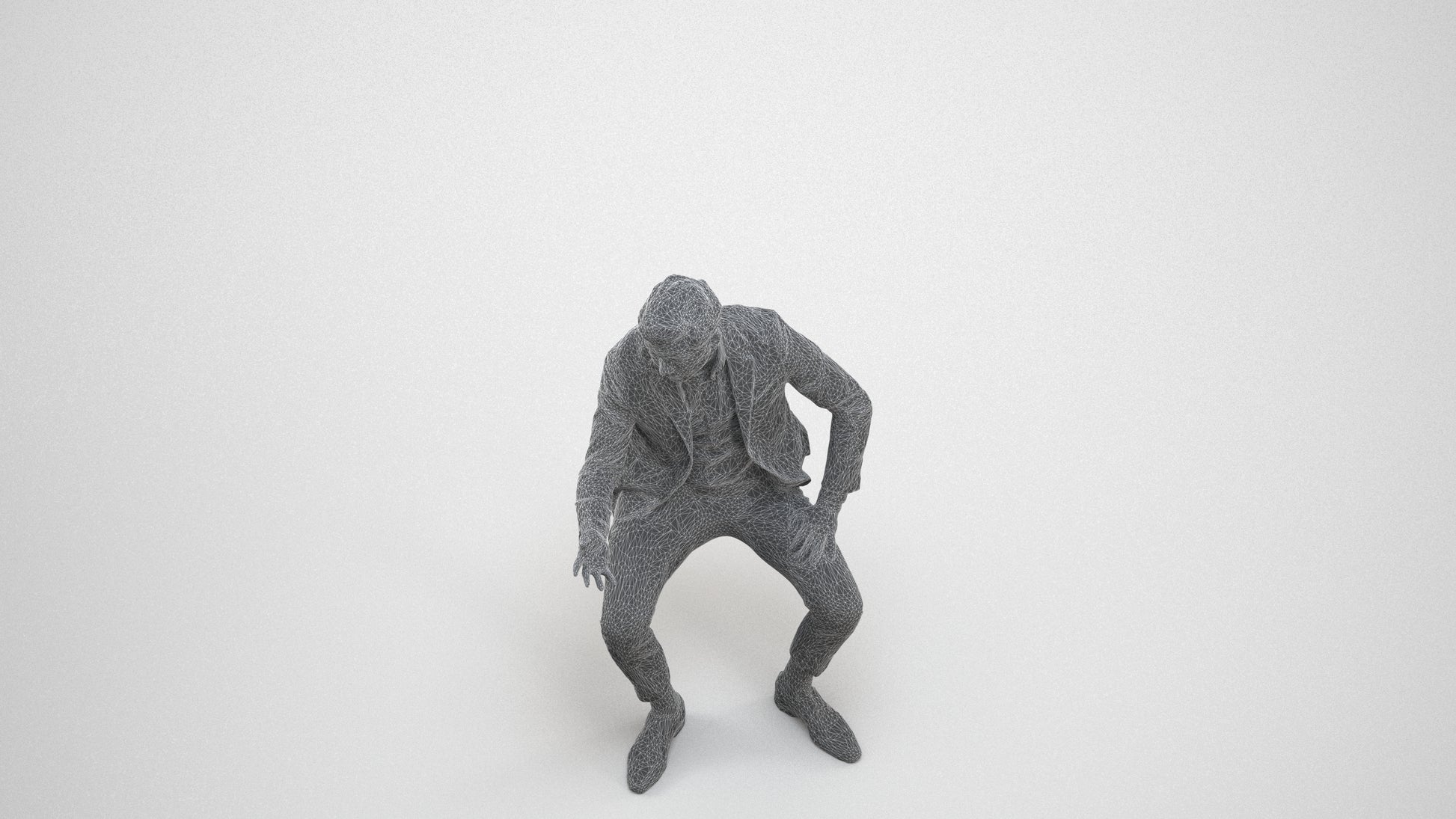 3D human model man business, photogrammetry scanned person for archviz, wireframe three-quarter view
