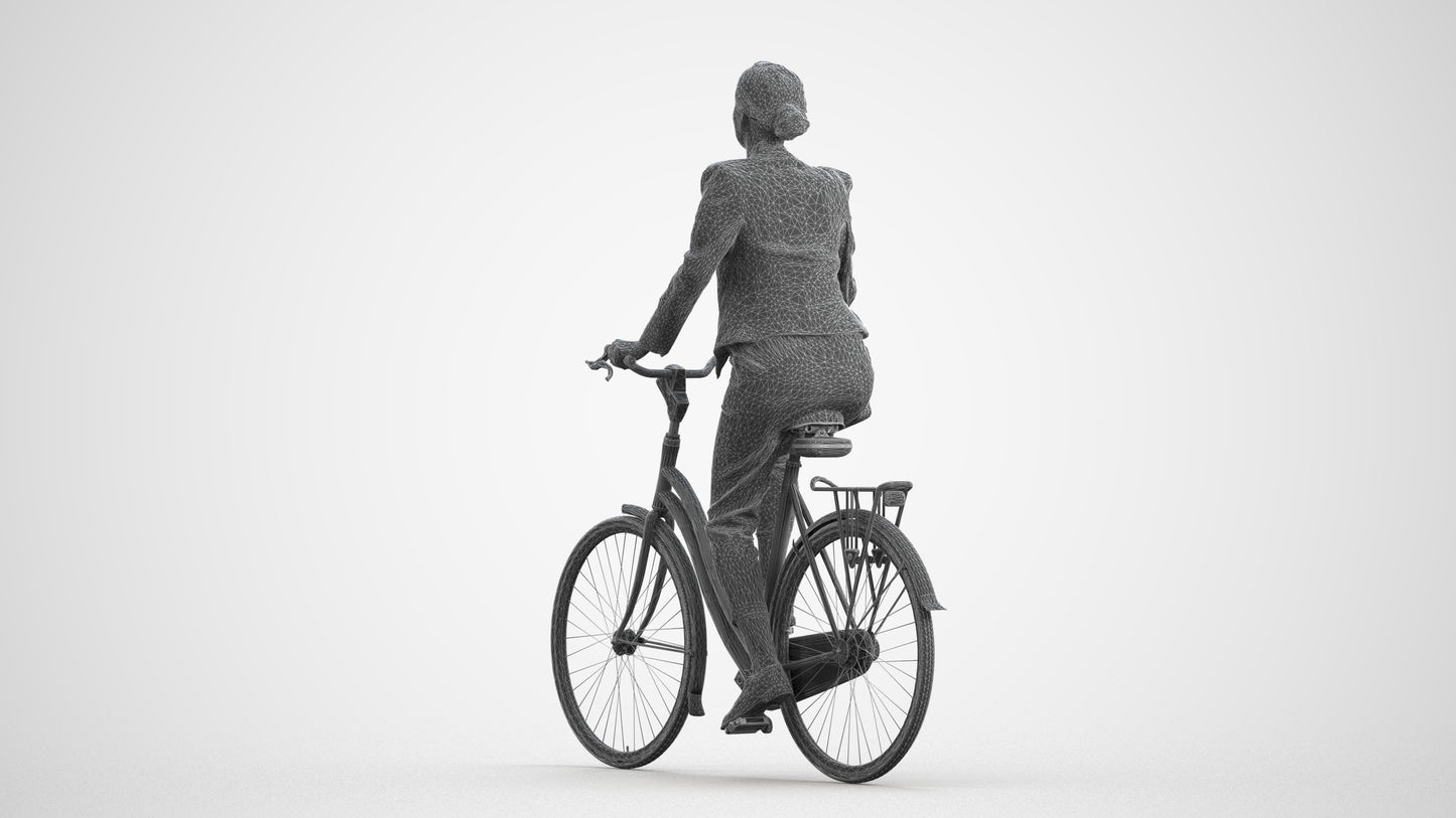 3D people model woman business cycling, scanned human for 3ds Max rendering, wireframe front view