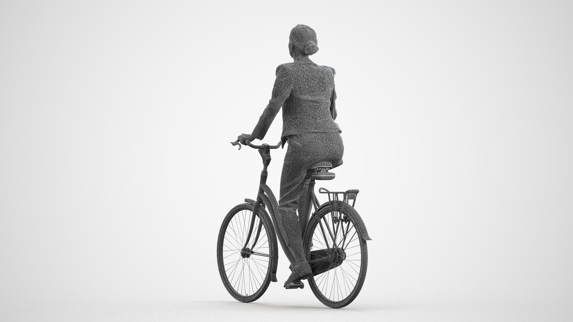3D people model woman business cycling, scanned human for 3ds Max rendering, wireframe front view