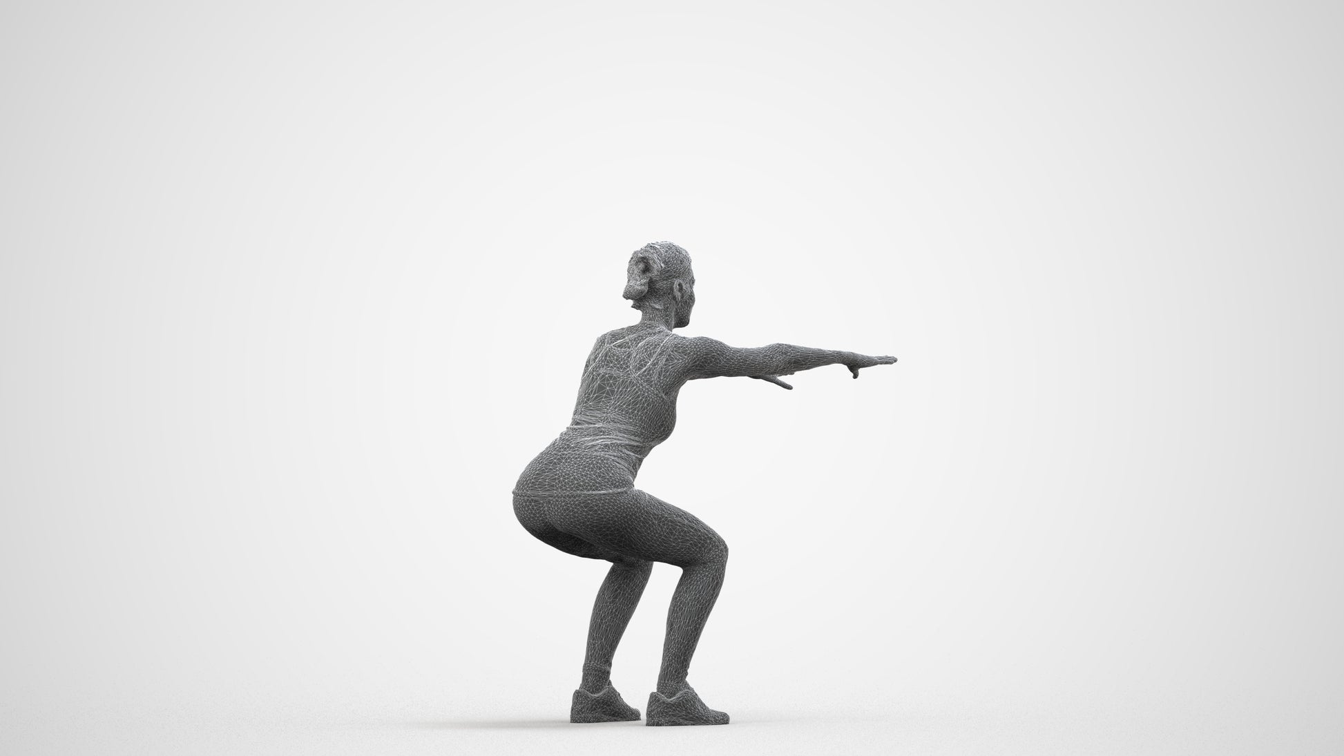 3D human model woman sport, photogrammetry scanned person for archviz, wireframe side view