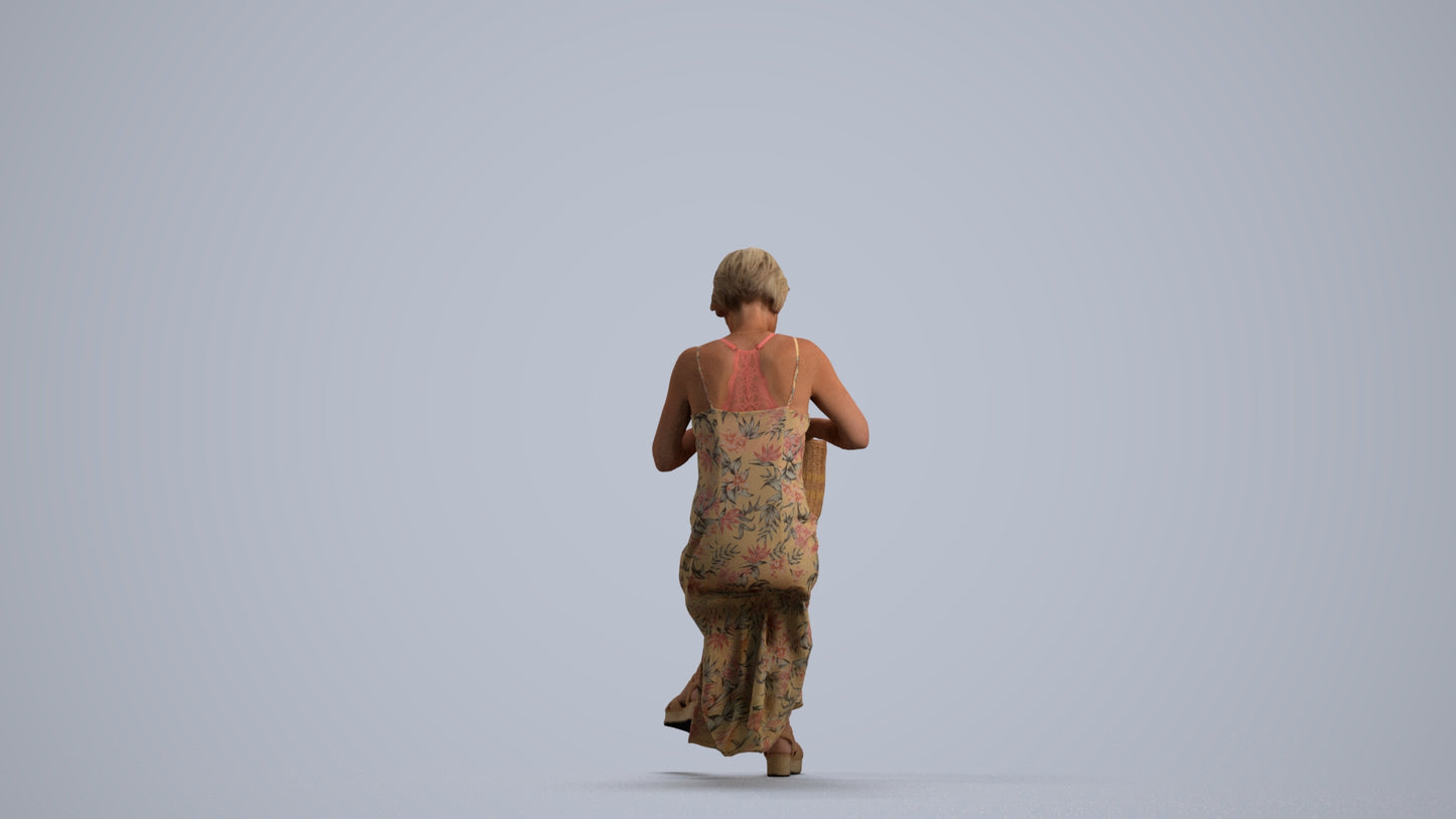 3D human model senior woman sitting, photogrammetry scanned person for archviz, front view render